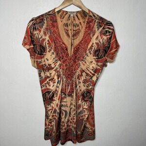One World Orange Beige Short Sleeve Tunic Stretch‎ Top Women's XL Boho Shirt